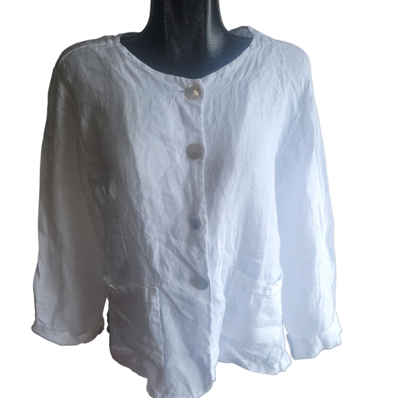 Luca Vanucci White Linen Button Front L - Picture 2 of 8